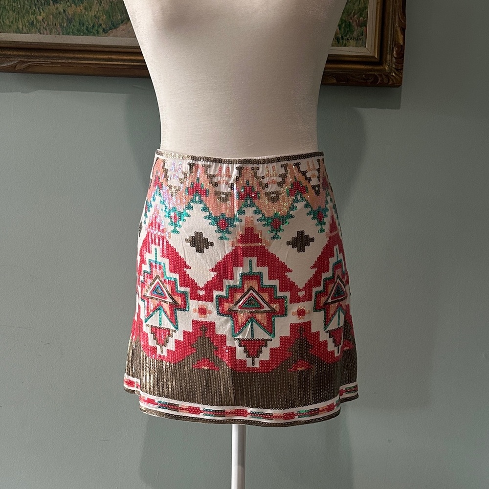 Francesca's Collections Geometric Mini Skirt - Red and Brown